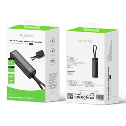 Rixus RXPB03B akupank 5000maH sisseehitatud Type-C juhtmega must - Image 3