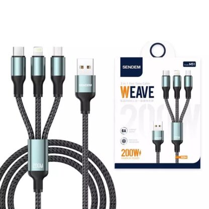 Sendem M51 3in1 USB-laadimiskaabel / 6A / 200W / 1,2 meetrine