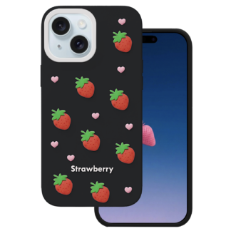 Apple Iphone 15 3D Strawberry silikoonkaitse must