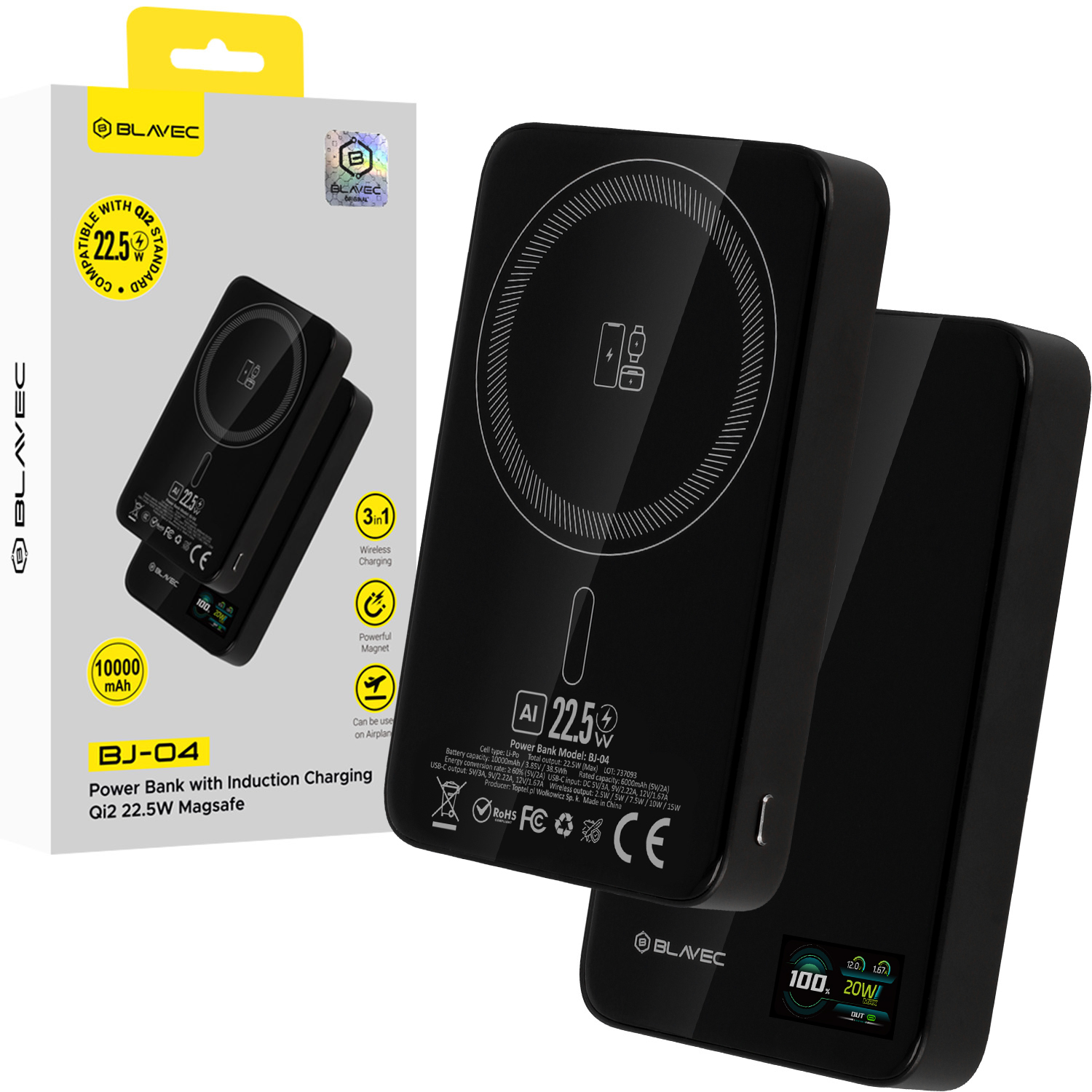 Blavec 3in1 Magsafe akupank BJ-04 / 10000 maH / Qi2 / 22,5W / must