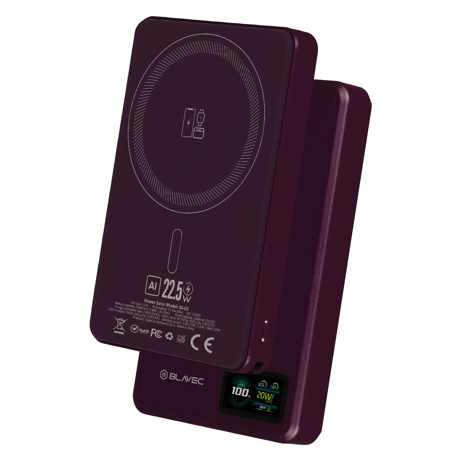 Blavec 3in1 Magsafe akupank BJ-03 / 10000 maH / Qi2 / 22,5W / lilla - Image 2