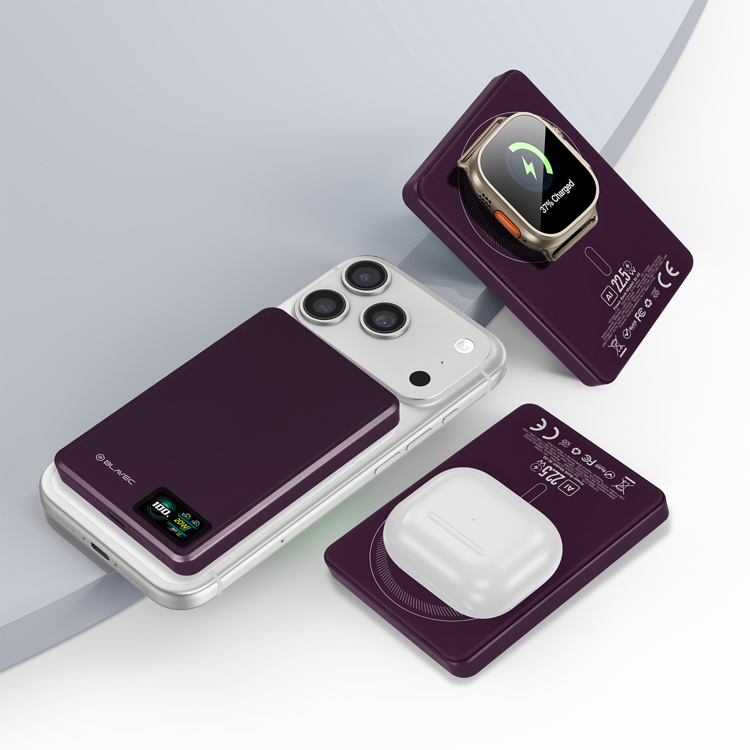 Blavec 3in1 Magsafe akupank BJ-03 / 10000 maH / Qi2 / 22,5W / lilla - Image 3