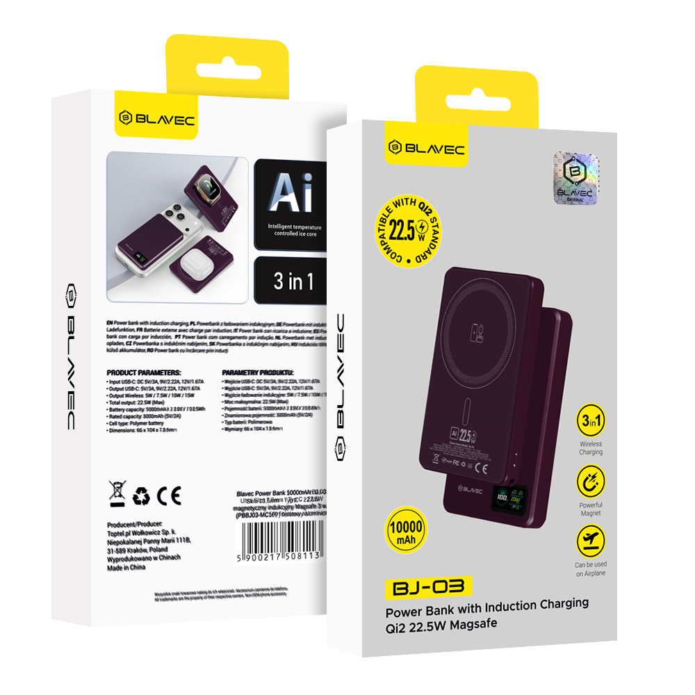 Blavec 3in1 Magsafe akupank BJ-03 / 10000 maH / Qi2 / 22,5W / lilla - Image 5