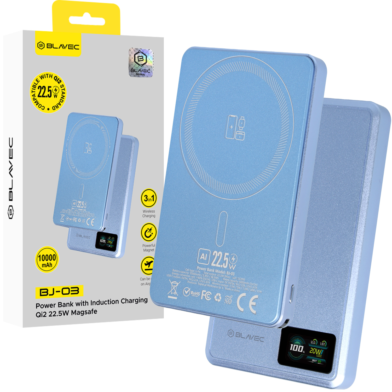 Blavec 3in1 Magsafe akupank BJ-03 / 10000 maH / Qi2 / 22,5W / helesinine