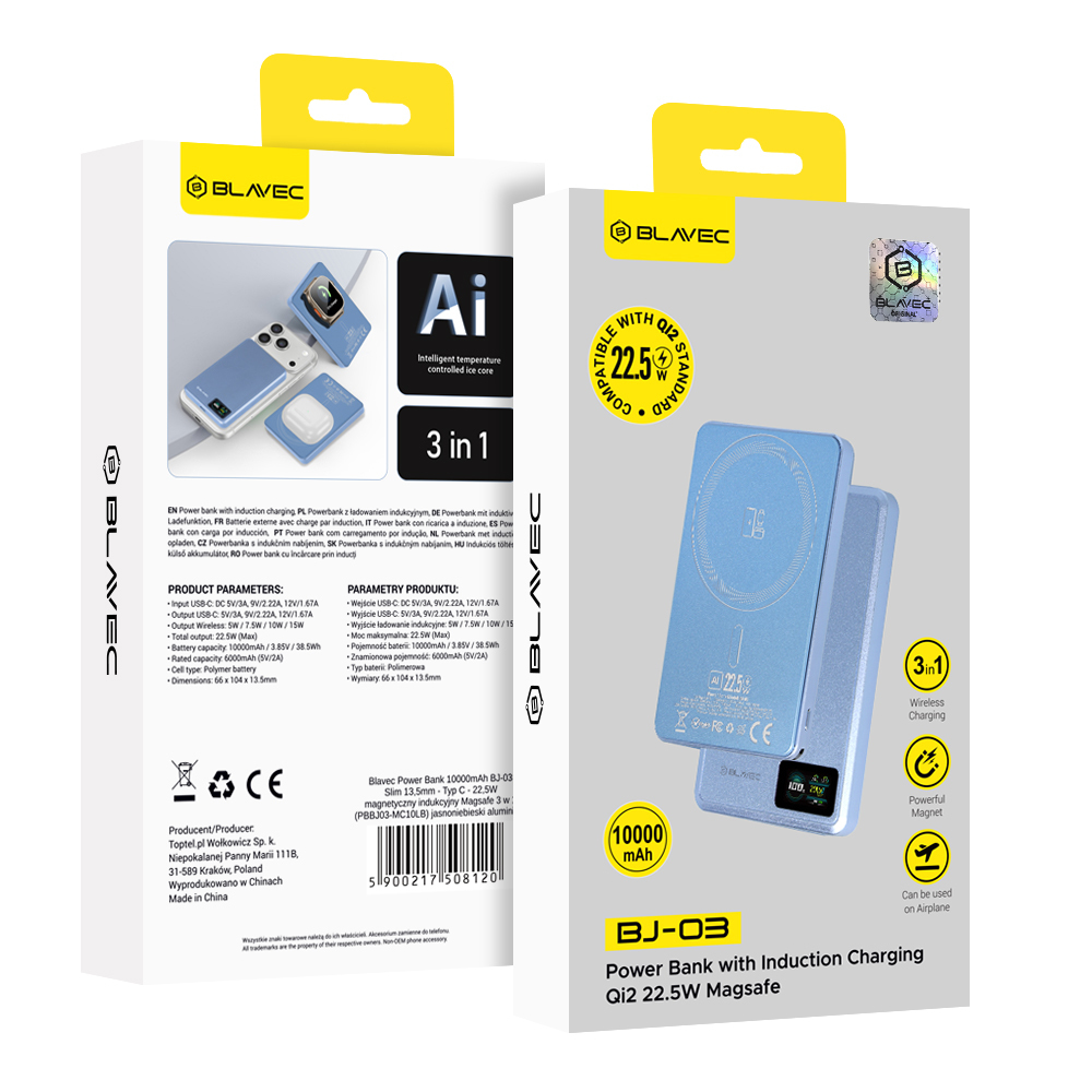 Blavec 3in1 Magsafe akupank BJ-03 / 10000 maH / Qi2 / 22,5W / helesinine - Image 5